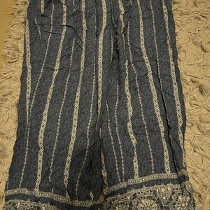 Blue and White Patterned Wide-Leg Pants
